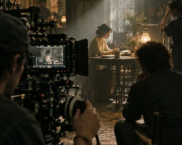 Concept scene of a film crew recording an actor on a warmly lit set.