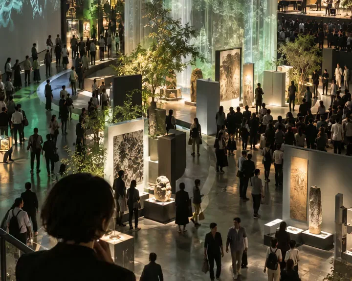 Concept scene of visitors exploring an exhibition with displays and large-scale projections.