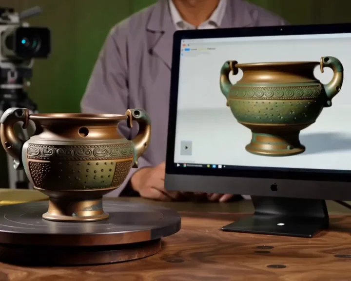 Concept scene of an intricately ornamented bronze vessel rotating beside its corresponding 3D model on a conservation-studio monitor.