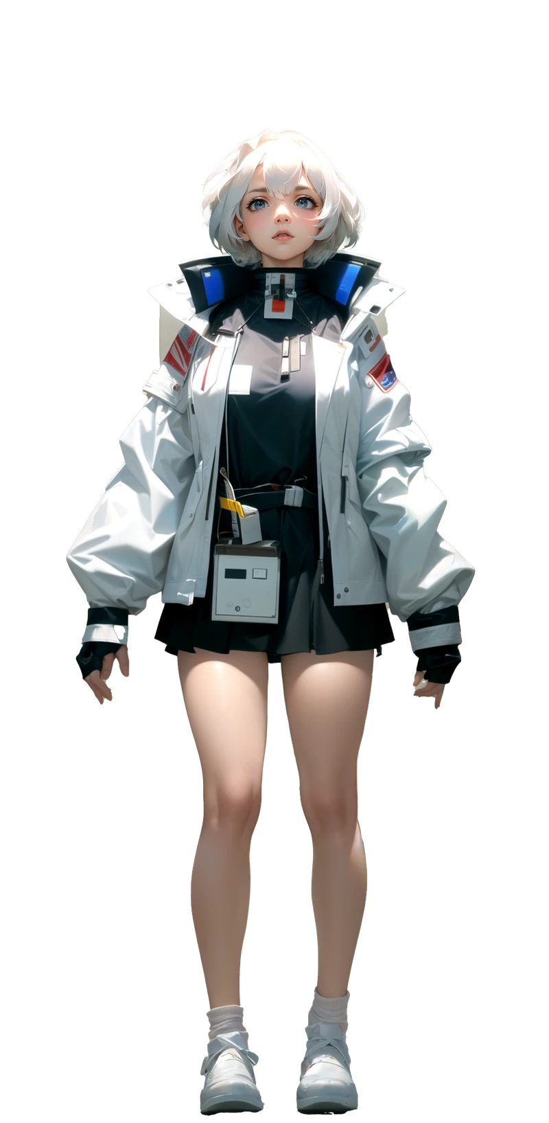 A white-haired digital character in a futuristic white jacket, dark outfit and sneakers.