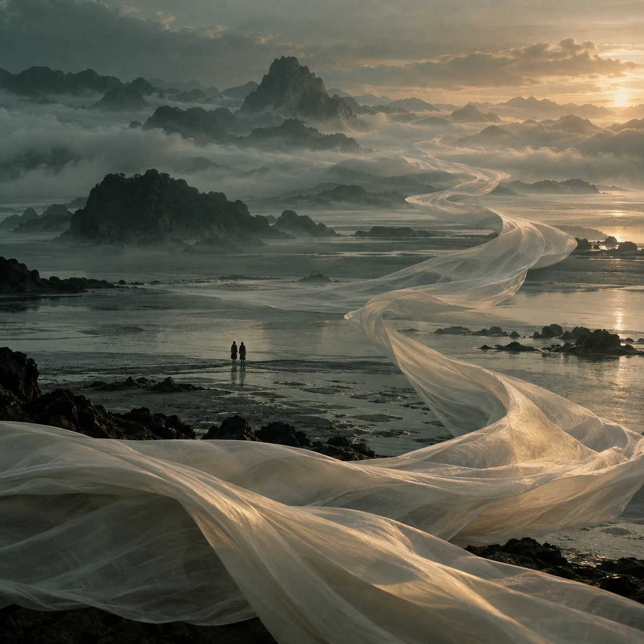 An unbroken silk scroll unfolds across misty water toward distant mountains, with two small figures looking out at the horizon.